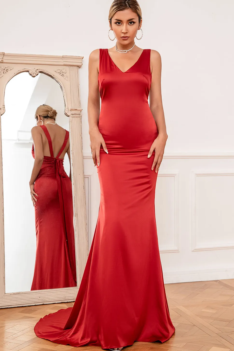 Sereia v pescoço rust red longo vestido de dama de honra