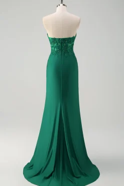 Sereia verde brilhante espartilho sem alças vestido longo baile de formatura com fenda
