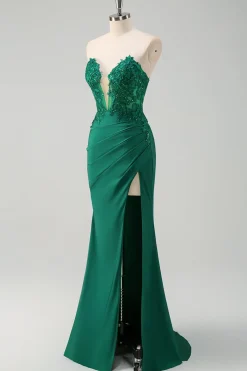 Sereia verde brilhante espartilho sem alças vestido longo baile de formatura com fenda