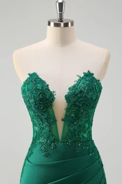 Sereia verde brilhante espartilho sem alças vestido longo baile de formatura com fenda