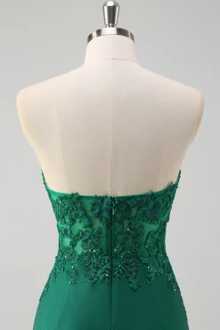 Sereia verde brilhante espartilho sem alças vestido longo baile de formatura com fenda