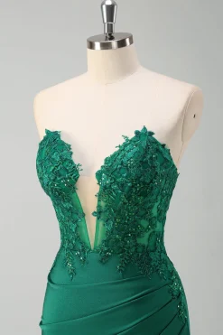 Sereia verde brilhante espartilho sem alças vestido longo baile de formatura com fenda
