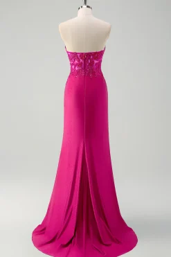 Sereia verde brilhante espartilho sem alças vestido longo baile de formatura com fenda