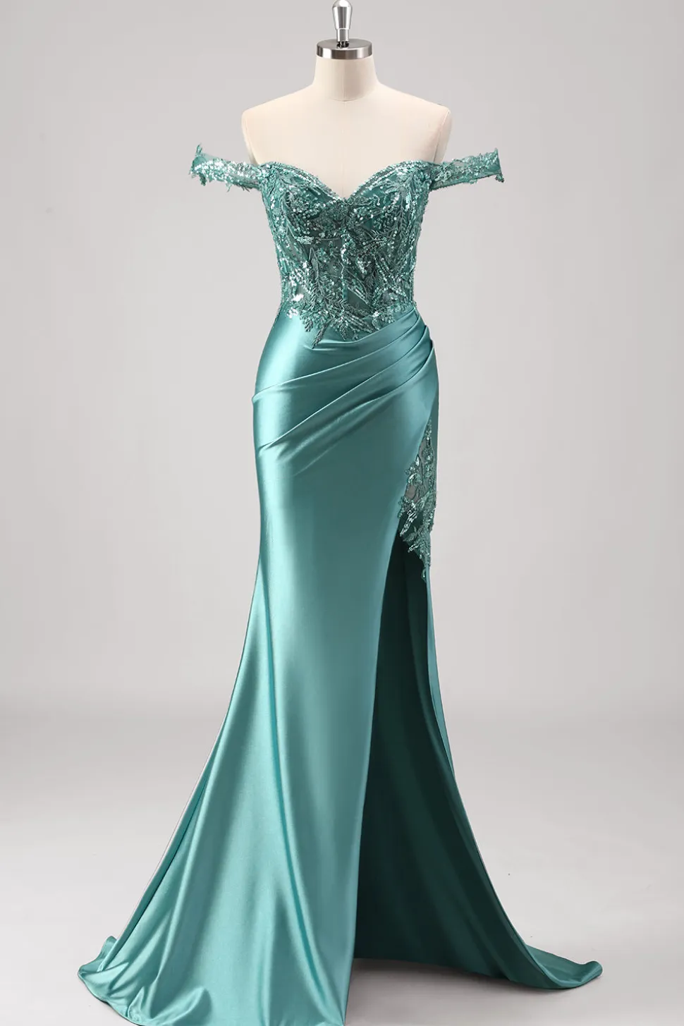 Sereia Verde Cinzento Brilhante Fora do Ombro Sequins Vestido Metálico de Baile com Fenda
