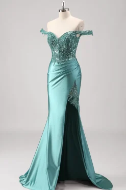 Sereia Verde Cinzento Brilhante Fora do Ombro Sequins Vestido Metálico de Baile com Fenda