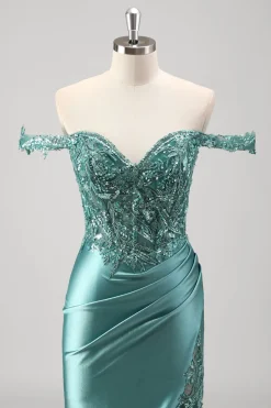 Sereia Verde Cinzento Brilhante Fora do Ombro Sequins Vestido Metálico de Baile com Fenda