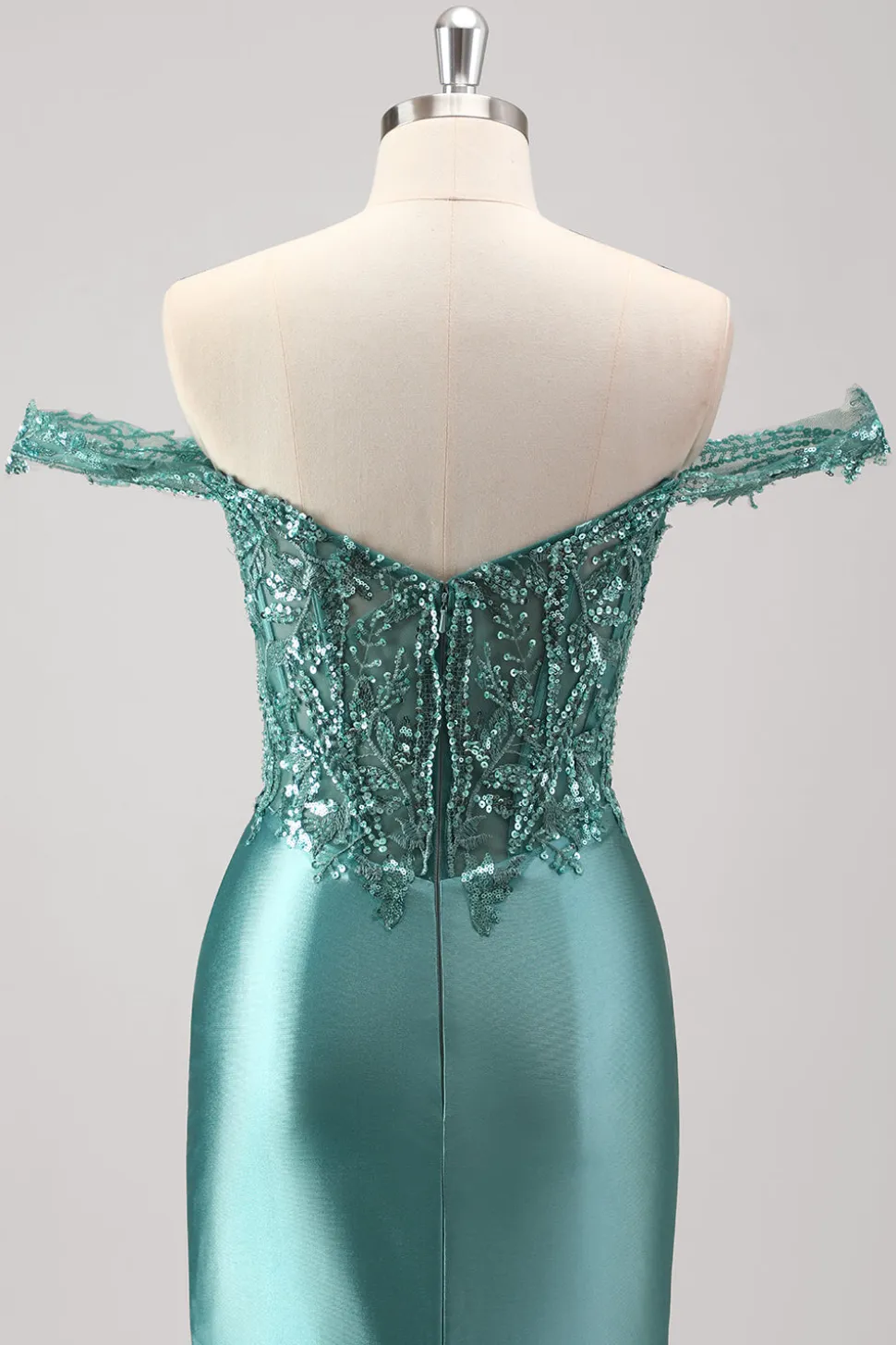 Sereia Verde Cinzento Brilhante Fora do Ombro Sequins Vestido Metálico de Baile com Fenda