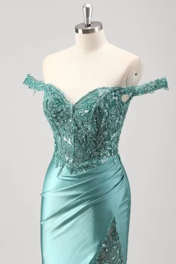 Sereia Verde Cinzento Brilhante Fora do Ombro Sequins Vestido Metálico de Baile com Fenda