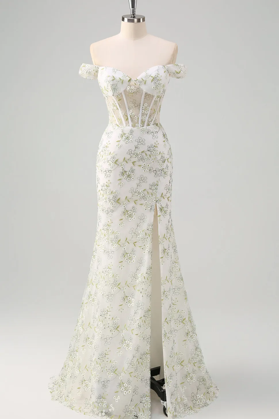 Sereia Verde Claro Fora do Ombro Corset Vestido Longo Baile de Formatura com Bordado
