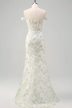 Sereia Verde Claro Fora do Ombro Corset Vestido Longo Baile de Formatura com Bordado