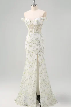 Sereia Verde Claro Fora do Ombro Corset Vestido Longo Baile de Formatura com Bordado