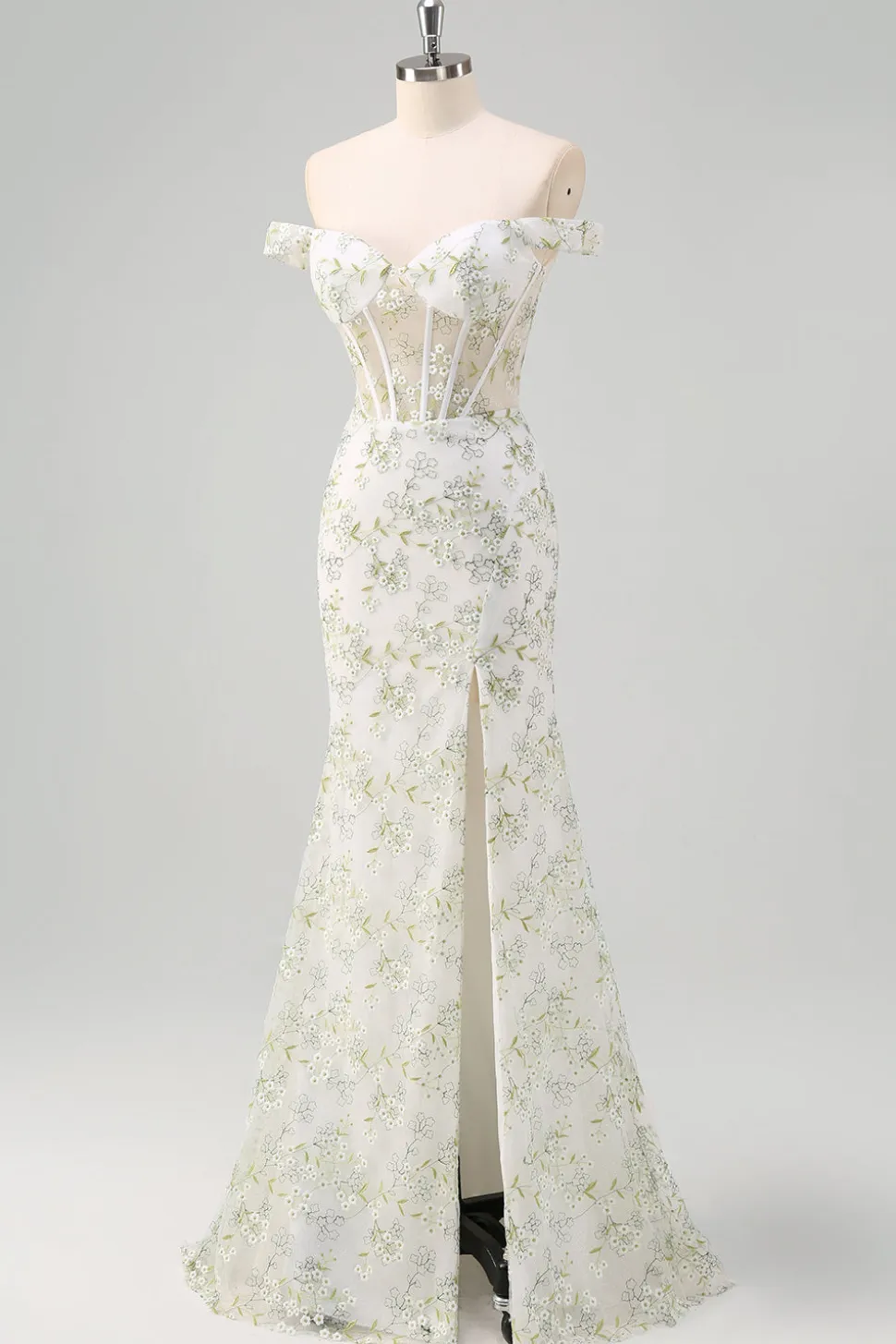 Sereia Verde Claro Fora do Ombro Corset Vestido Longo Baile de Formatura com Bordado