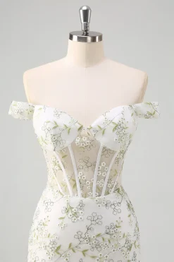 Sereia Verde Claro Fora do Ombro Corset Vestido Longo Baile de Formatura com Bordado