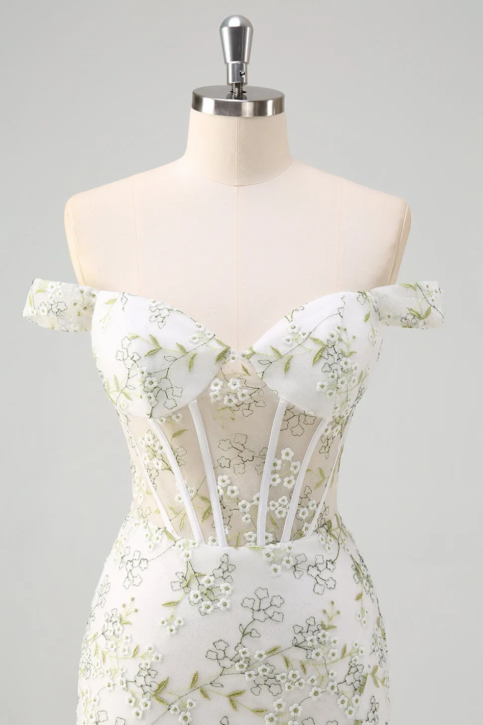 Sereia Verde Claro Fora do Ombro Corset Vestido Longo Baile de Formatura com Bordado