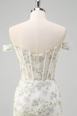 Sereia Verde Claro Fora do Ombro Corset Vestido Longo Baile de Formatura com Bordado