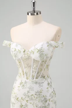 Sereia Verde Claro Fora do Ombro Corset Vestido Longo Baile de Formatura com Bordado