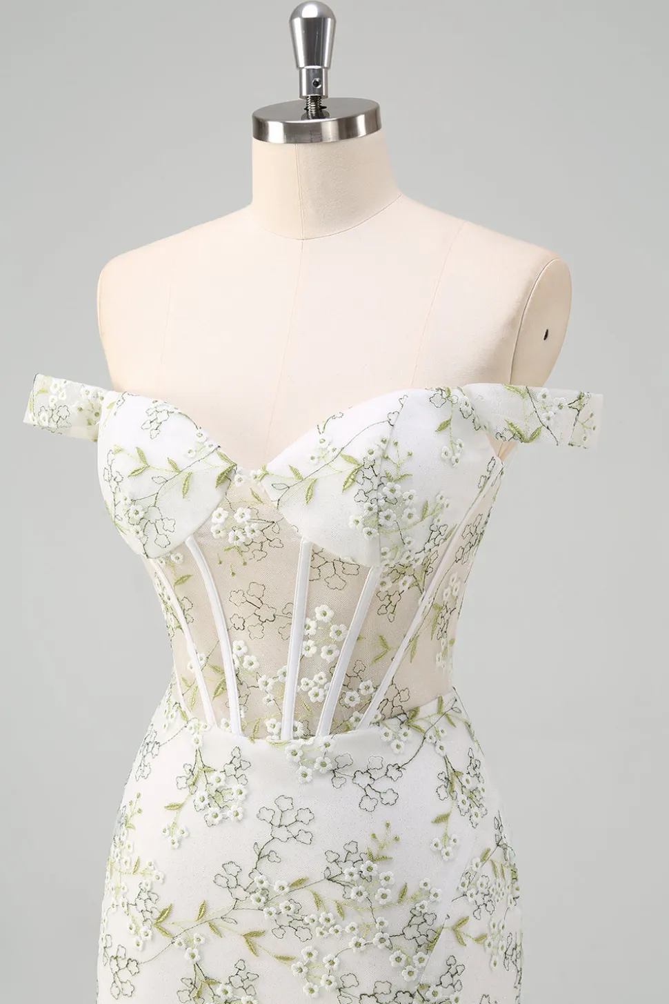 Sereia Verde Claro Fora do Ombro Corset Vestido Longo Baile de Formatura com Bordado
