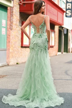 Sereia Verde Corset Esparguete Alças Longo Vestido de Baile com Flores 3D