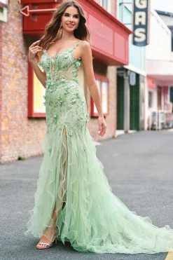 Sereia Verde Corset Esparguete Alças Longo Vestido de Baile com Flores 3D