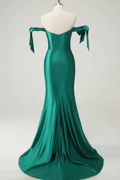 Sereia verde escura fora do ombro vestido de baile de lantejoulas com fenda