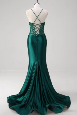 Sereia verde escura plissado espartilho de lantejoulas longo vestido de baile com renda para trás