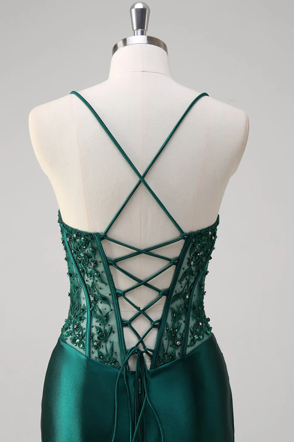 Sereia verde escura plissado espartilho de lantejoulas longo vestido de baile com renda para trás