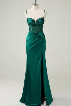 Sereia Verde Escuro Alças Esparguete Espartilho Longo Vestido de Baile Com Fenda
