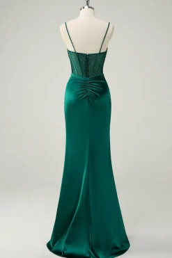 Sereia Verde Escuro Alças Esparguete Espartilho Longo Vestido de Baile Com Fenda