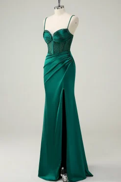Sereia Verde Escuro Alças Esparguete Espartilho Longo Vestido de Baile Com Fenda