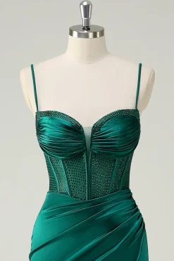 Sereia Verde Escuro Alças Esparguete Espartilho Longo Vestido de Baile Com Fenda