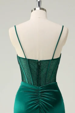 Sereia Verde Escuro Alças Esparguete Espartilho Longo Vestido de Baile Com Fenda