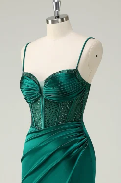 Sereia Verde Escuro Alças Esparguete Espartilho Longo Vestido de Baile Com Fenda