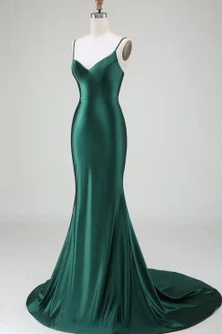 Sereia Verde Escuro Alças Esparguete Varrer Trem Vestido Baile
