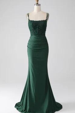 Sereia Verde Escuro Alças Esparguete Longo Corset Prom Dress