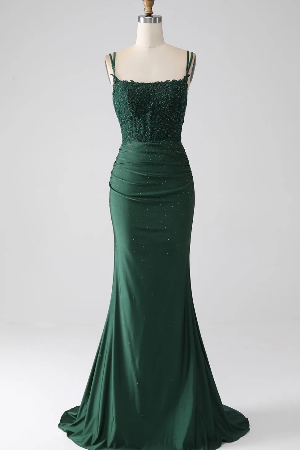 Sereia Verde Escuro Alças Esparguete Longo Corset Prom Dress