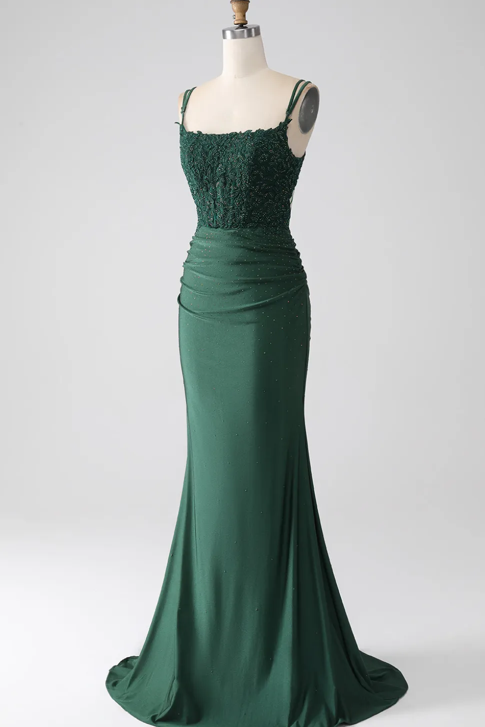 Sereia Verde Escuro Alças Esparguete Longo Corset Prom Dress