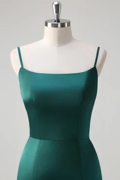 Sereia Verde Escuro Correias Esparguete Cetim Arco Folhos Vestido Longo Madrinha