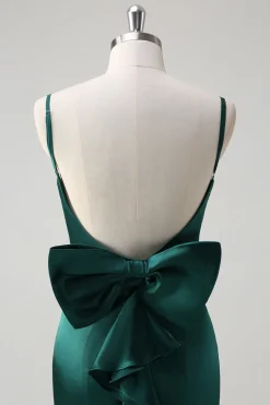 Sereia Verde Escuro Correias Esparguete Cetim Arco Folhos Vestido Longo Madrinha