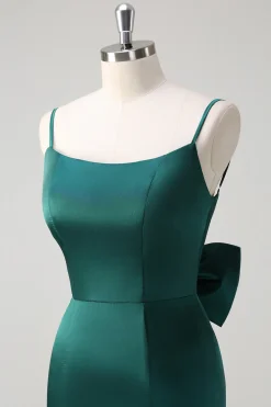 Sereia Verde Escuro Correias Esparguete Cetim Arco Folhos Vestido Longo Madrinha
