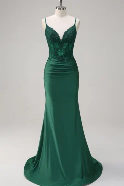 Sereia Verde Escuro Correias Esparguete Ruched Cetim Long Prom Dress com Missangas