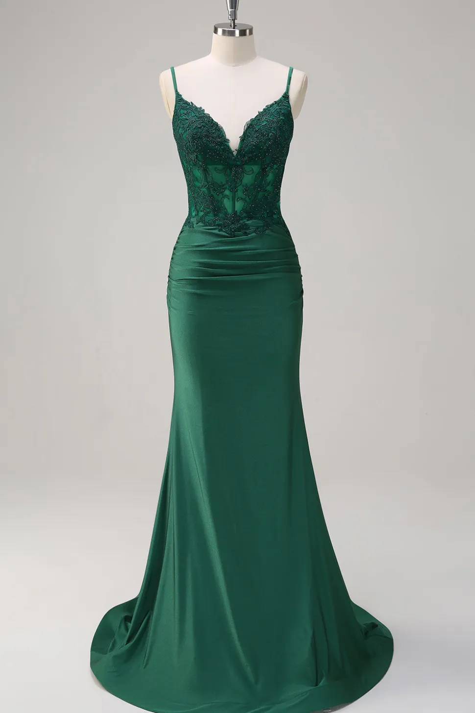 Sereia Verde Escuro Correias Esparguete Ruched Cetim Long Prom Dress com Missangas