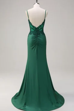Sereia Verde Escuro Correias Esparguete Ruched Cetim Long Prom Dress com Missangas