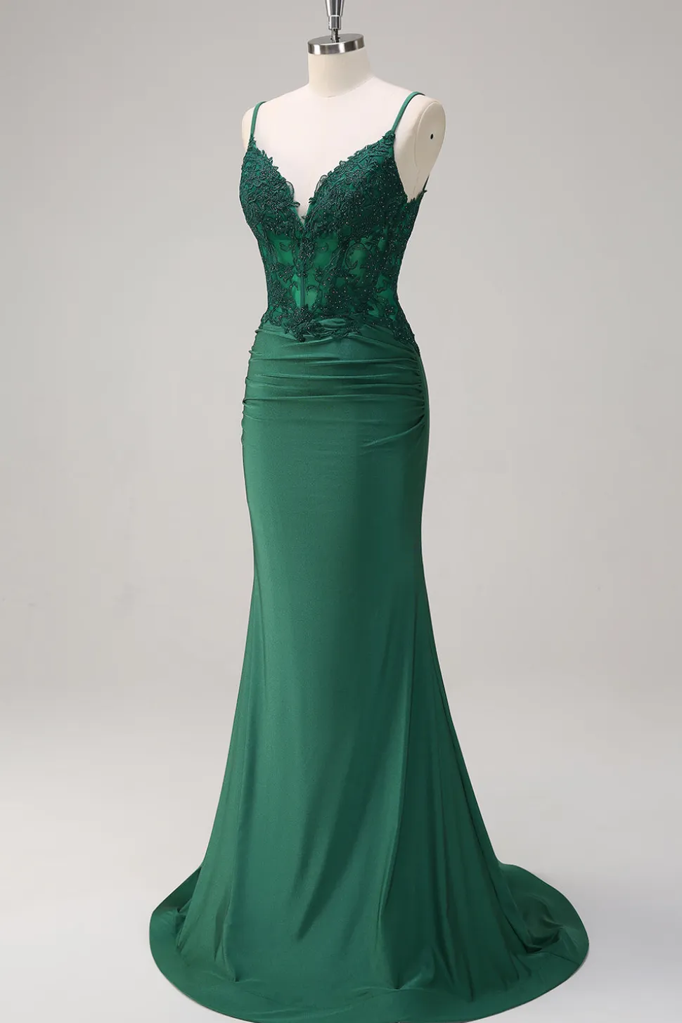 Sereia Verde Escuro Correias Esparguete Ruched Cetim Long Prom Dress com Missangas