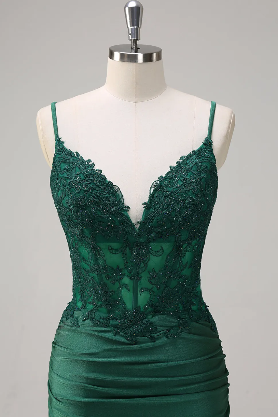 Sereia Verde Escuro Correias Esparguete Ruched Cetim Long Prom Dress com Missangas