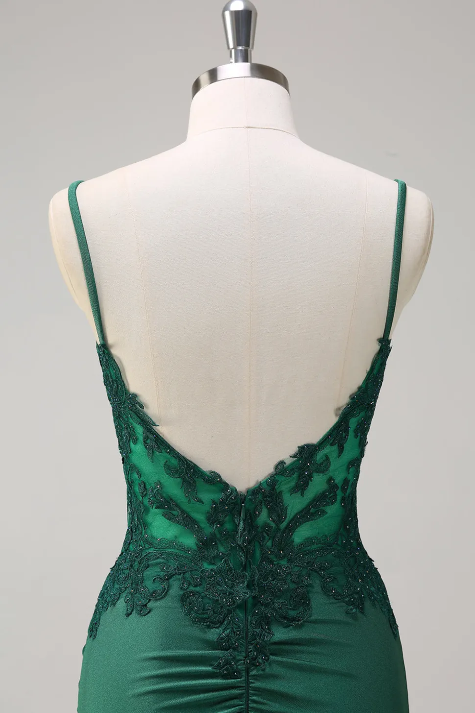 Sereia Verde Escuro Correias Esparguete Ruched Cetim Long Prom Dress com Missangas