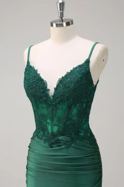 Sereia Verde Escuro Correias Esparguete Ruched Cetim Long Prom Dress com Missangas