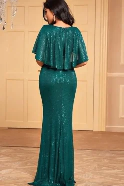 Sereia Verde Escuro Deep V Neck Vestido de Baile de Lantejoulas Com Mangas de Cabo
