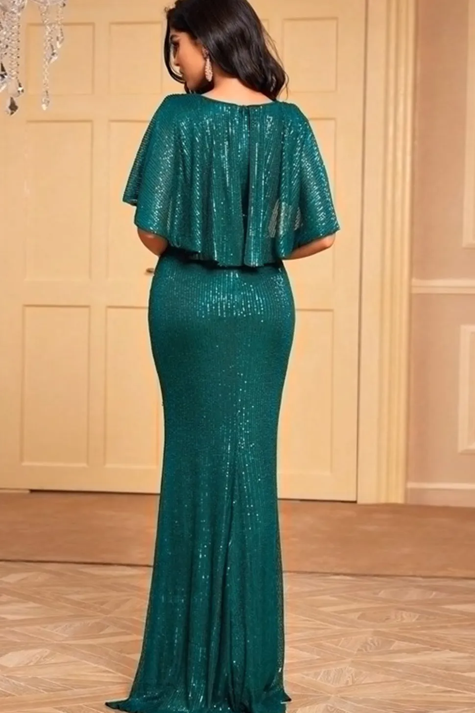 Sereia Verde Escuro Deep V Neck Vestido de Baile de Lantejoulas Com Mangas de Cabo
