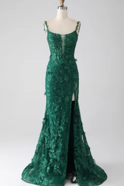 Sereia Verde Escuro Esparguete Correias Longo Vestido de Baile com Apliques
