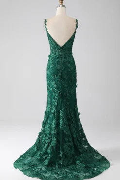 Sereia Verde Escuro Esparguete Correias Longo Vestido de Baile com Apliques